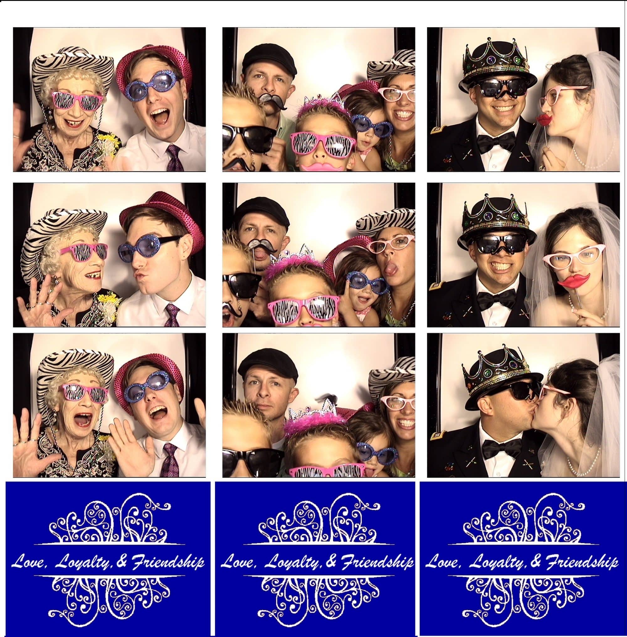 photo booth strips with 3 photos and a custom wedding logo at the bottom