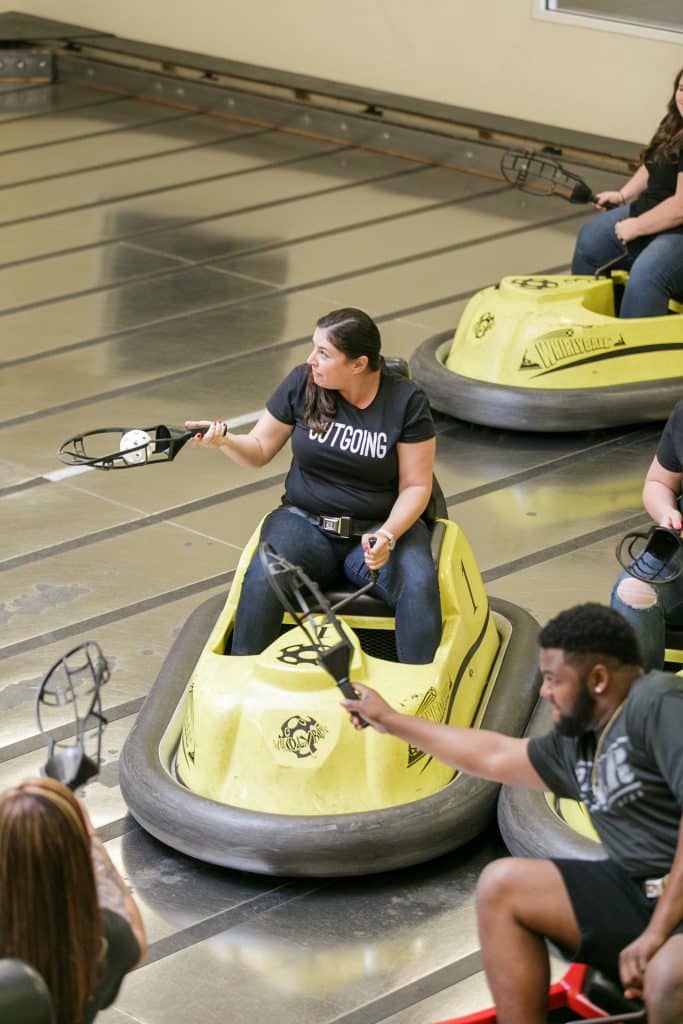 Pamela getting serious in a game of whirlyball