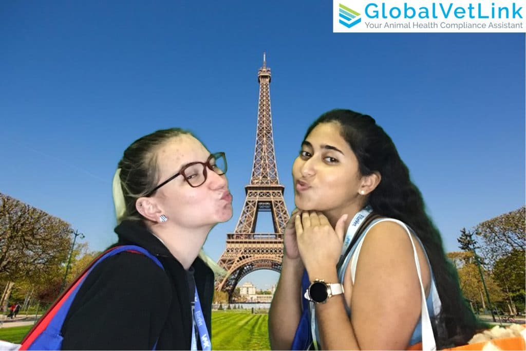 girls posing with Green Screen featuring the Eiffel Tower