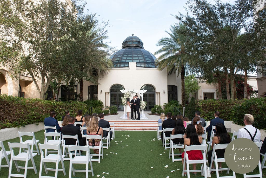 wedding ceremony outside the observatory at the Alfond Inn