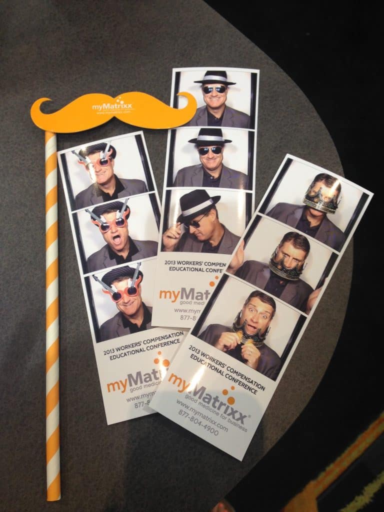 Custom mustache photo booth prop and photos from a company event.