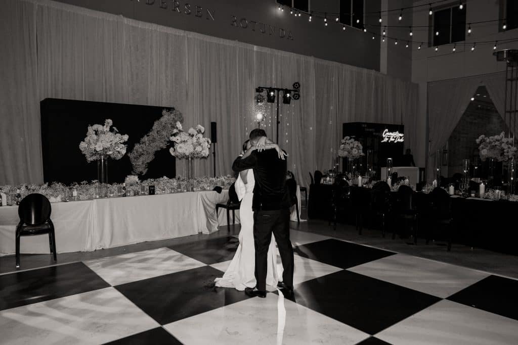 black and white photo of Nick and Rebecca's first dance