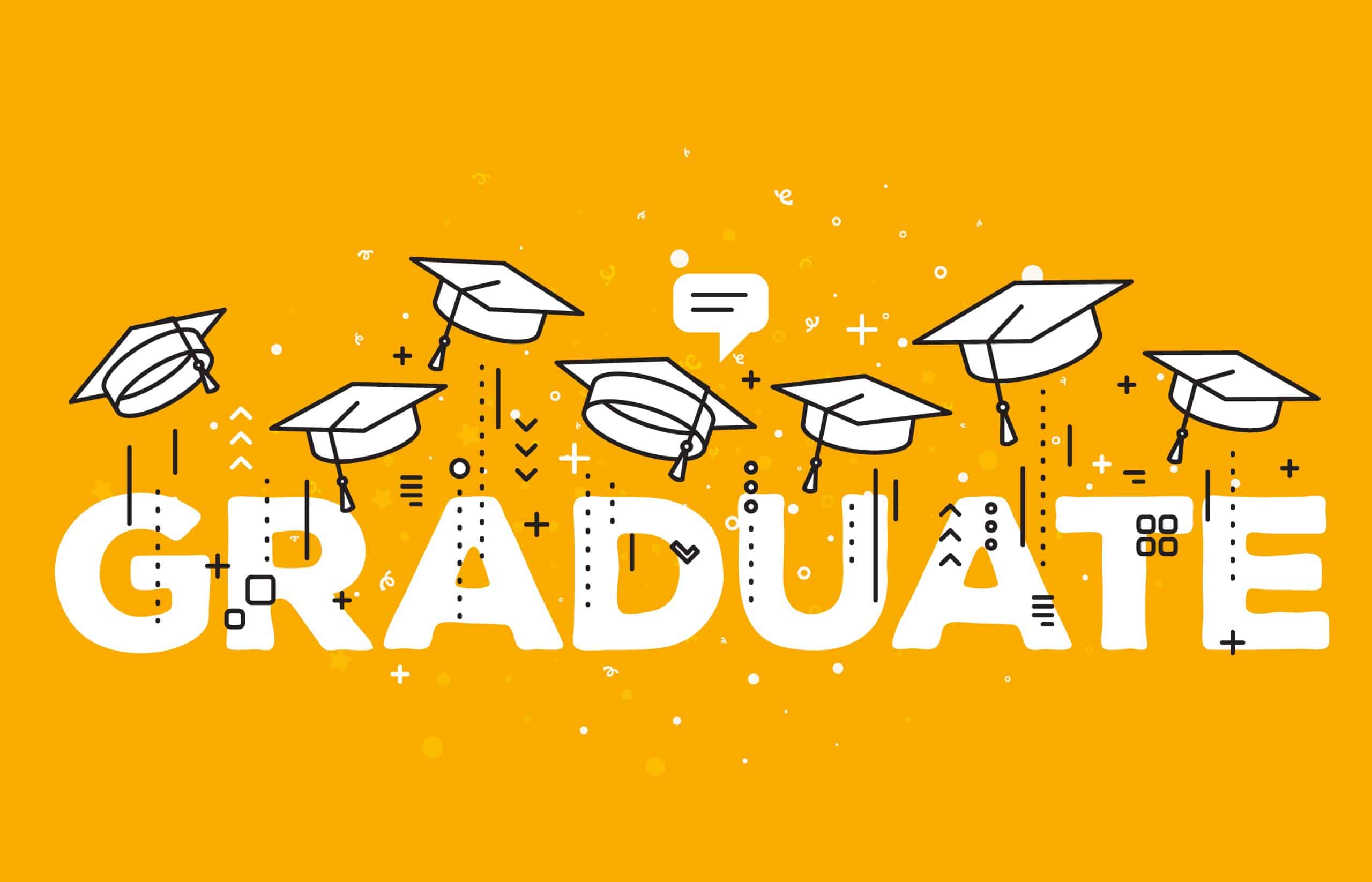 Vector representation of graduation caps, and the word graduation on an orange background