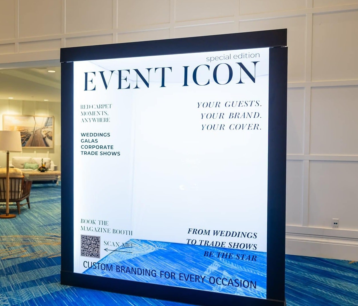 Magazine photo booth rental in Orlando with custom Event Icon magazine cover branding
